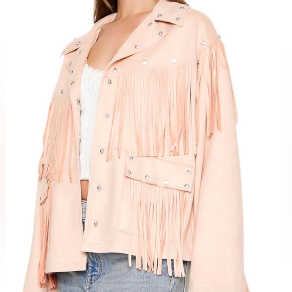 Forever 21 Pink Leather Fringe Gem Jacket Faux Leather and Gemstones Medium - Picture 2 of 6